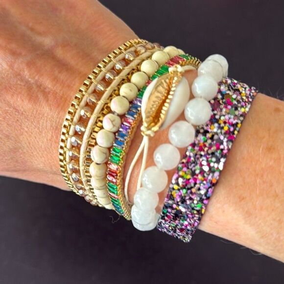 Layered Cuff Bracelet – Shell Accent, White Beads, Multicolor Magnetic Clasp - Picture 1 of 8